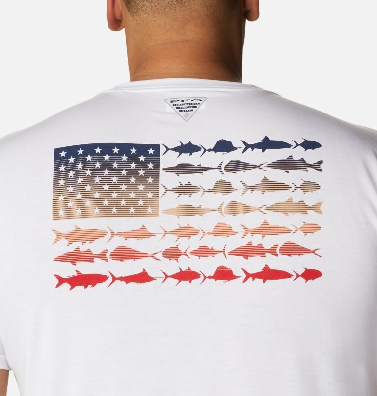 Men's Columbia PFG Fish Flag Tech Short Sleeve T Shirts White | Plus Size CA-SL38A